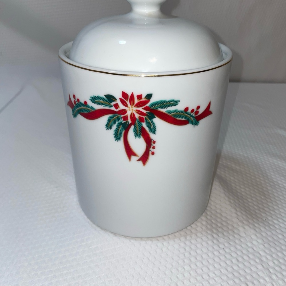 Poinsettia & Ribbons Holiday Ceramic Jar with Lid